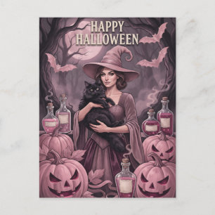 Happy Halloween Vintage Pink Witch & Black Cat Holiday Postcard