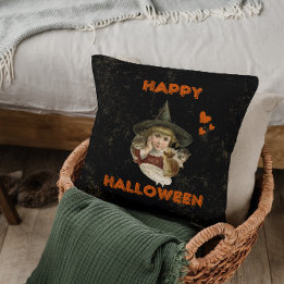 Happy Halloween vintage witch with kittens Cushion