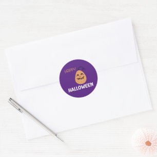 Happy Halloween Violet Pumpkin Round Label Sticker