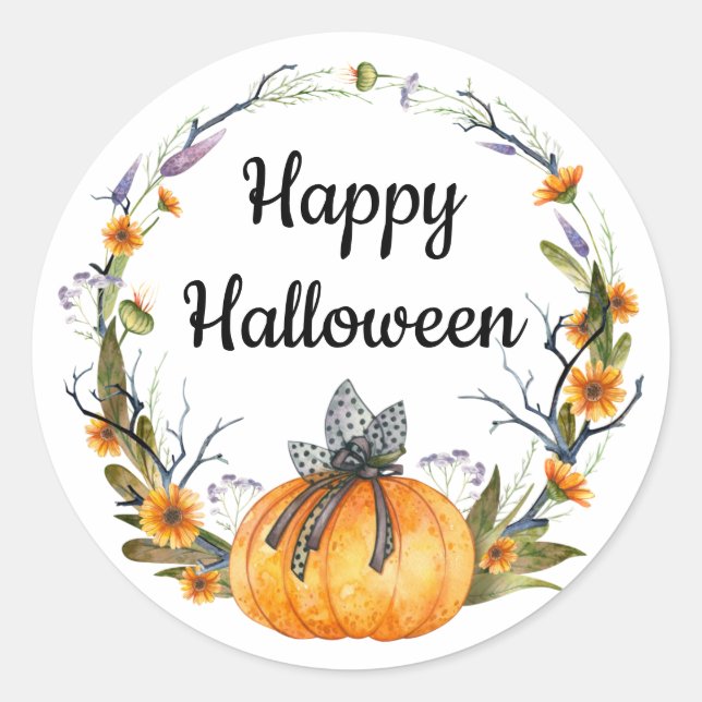 Happy Halloween Watercolor Pumpkin Wreath Classic Round Sticker (Front)