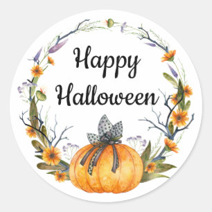 Happy Halloween Watercolor Pumpkin Wreath Classic Round Sticker