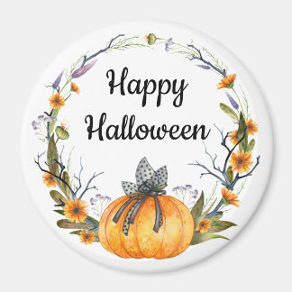 Happy Halloween Watercolor Pumpkin Wreath Magnet