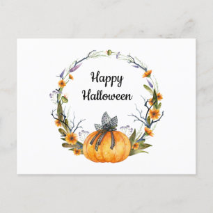 Happy Halloween Watercolor Pumpkin Wreath Postcard