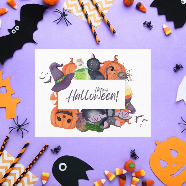 Happy Halloween Watercolor Witch Hat and Cat Postcard (Creator Uploaded)