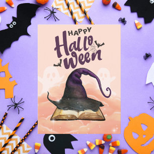 Happy Halloween Watercolor Witch Hat and Spellbook Holiday Postcard