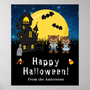 Happy Halloween Werewolfs Blue Party Sign