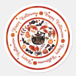Happy Halloween Whimsical Black Cat Watercolor Classic Round Sticker