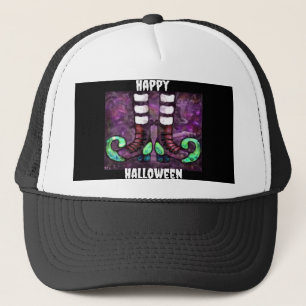 Happy Halloween Whimsical Witch Boots Purple Green Trucker Hat
