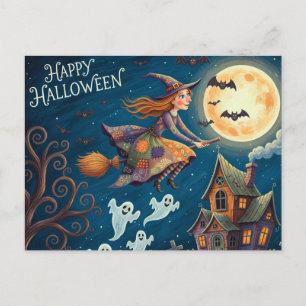 Happy Halloween Whimsical Witch on the Broom  Holiday Postcard