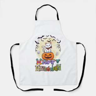 Happy Halloween White Cat Pumpkin Moon Bats Ghosts Apron