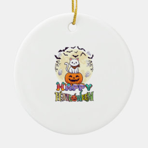 Happy Halloween White Cat Pumpkin Moon Bats Ghosts Ceramic Tree Decoration