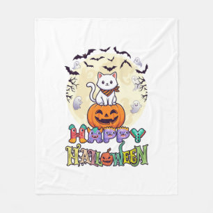 Happy Halloween White Cat Pumpkin Moon Bats Ghosts Fleece Blanket