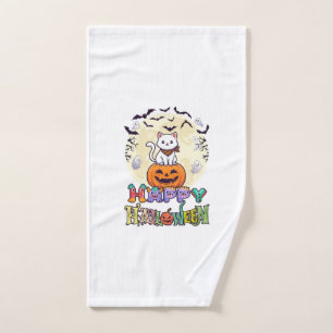 Happy Halloween White Cat Pumpkin Moon Bats Ghosts Hand Towel