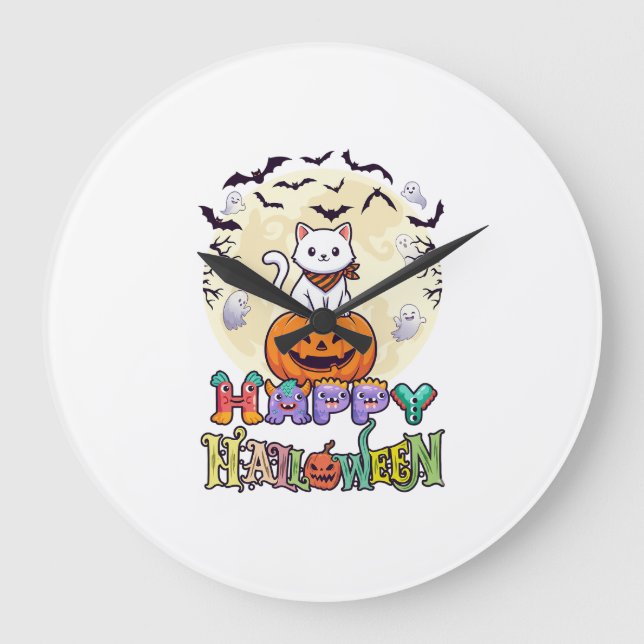 Happy Halloween White Cat Pumpkin Moon Bats Ghosts Large Clock (Front)
