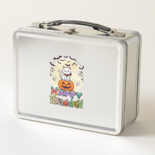 Happy Halloween White Cat Pumpkin Moon Bats Ghosts Metal Lunch Box
