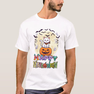 Happy Halloween White Cat Pumpkin Moon Bats Ghosts T-Shirt