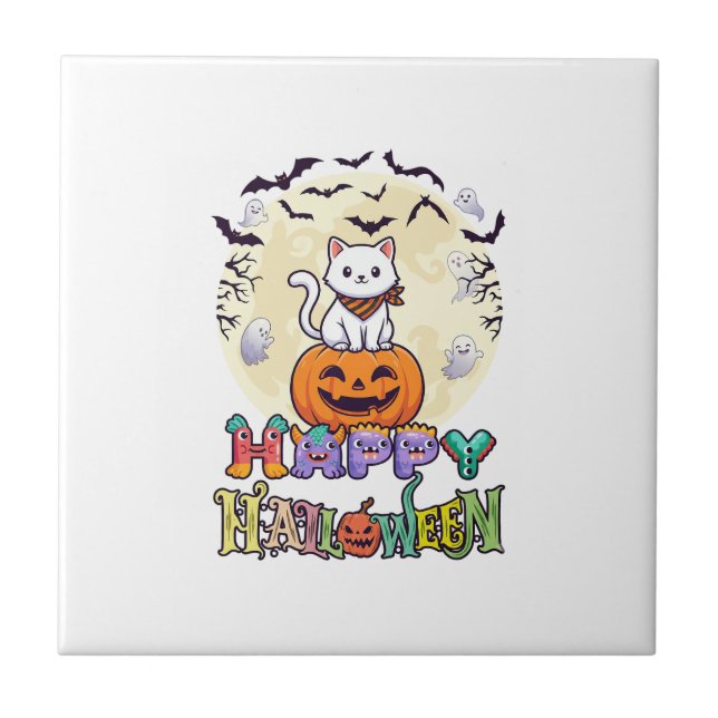 Happy Halloween White Cat Pumpkin Moon Bats Ghosts Tile (Front)