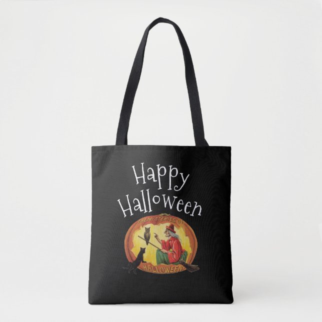 Happy Halloween, Witch, Black Cat and Owl Tote Bag (Front)