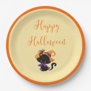 Happy Halloween Witch Black Cat Mouse on Brim   Paper Plate