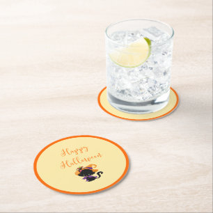 Happy Halloween Witch Black Cat Mouse on Brim Round Paper Coaster