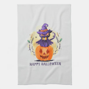 Happy Halloween - Witch Black Cat Tea Towel