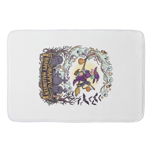 Happy Halloween Witch Broom Black Cat Ghosts_1 Bath Mat (Front)