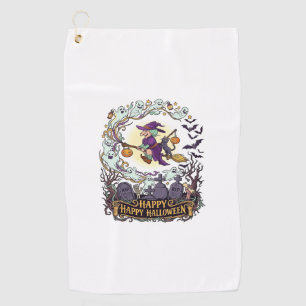 Happy Halloween Witch Broom Black Cat Ghosts_1 Golf Towel