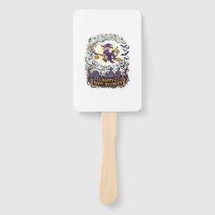 Happy Halloween Witch Broom Black Cat Ghosts_1 Hand Fan