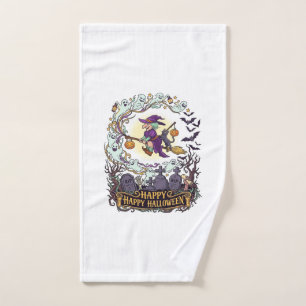Happy Halloween Witch Broom Black Cat Ghosts_1 Hand Towel