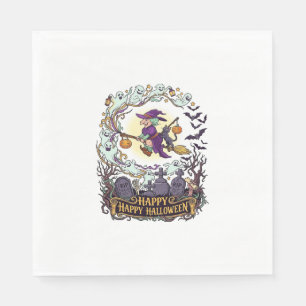 Happy Halloween Witch Broom Black Cat Ghosts_1 Napkin