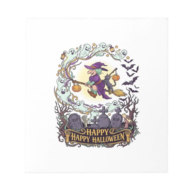 Happy Halloween Witch Broom Black Cat Ghosts_1 Notepad (Front)