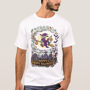 Happy Halloween Witch Broom Black Cat Ghosts_1 T-Shirt
