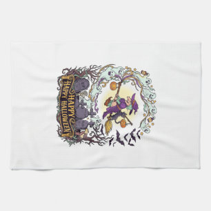 Happy Halloween Witch Broom Black Cat Ghosts_1 Tea Towel