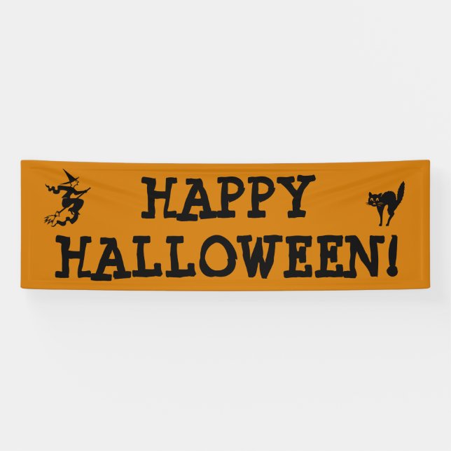 Happy Halloween Witch Broomstick Black Cat Orange Banner (Horizontal)