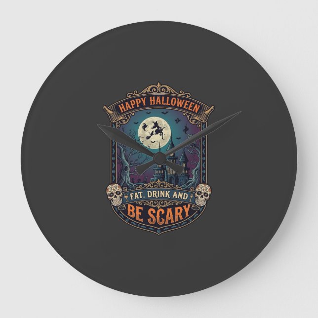 Happy Halloween Witch Castle Skulls Fat Drink Be S Large Clock (Front)