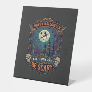 Happy Halloween Witch Castle Skulls Fat Drink Be S Pedestal Sign