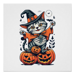Happy Halloween Witch Cat Poster