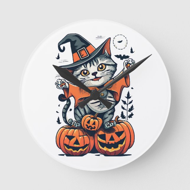 Happy Halloween Witch Cat Round Clock (Front)