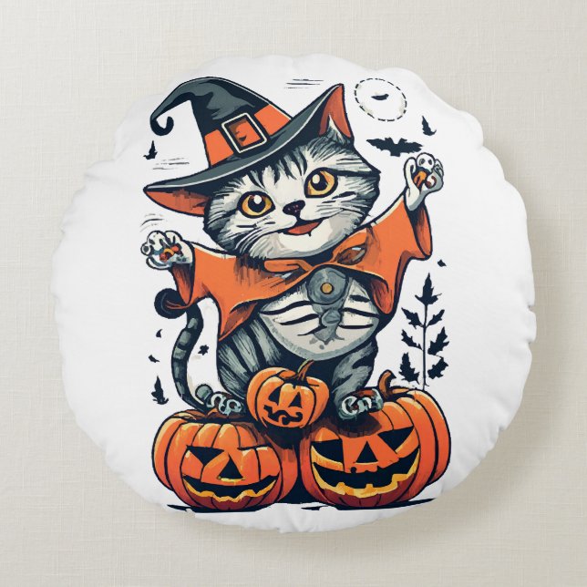 Happy Halloween Witch Cat Round Cushion (Front)