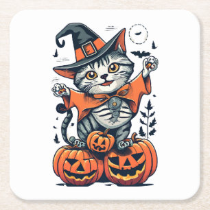 Happy Halloween Witch Cat Square Paper Coaster