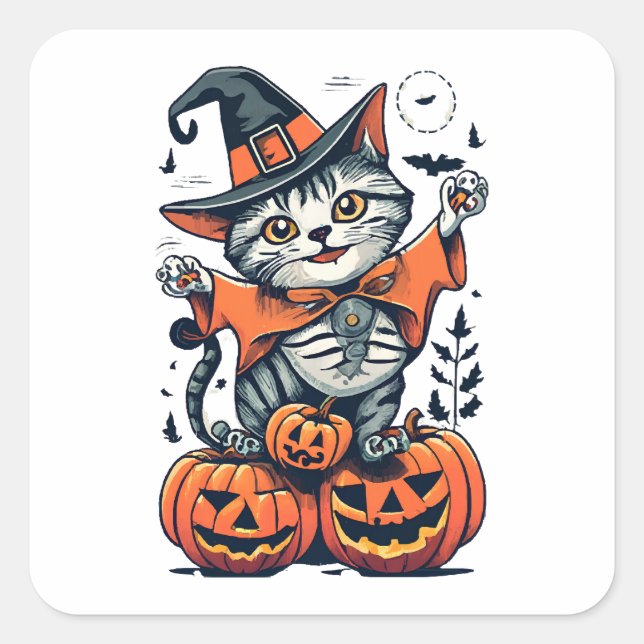 Happy Halloween Witch Cat Square Sticker (Front)