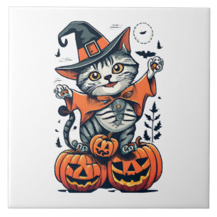 Happy Halloween Witch Cat Tile