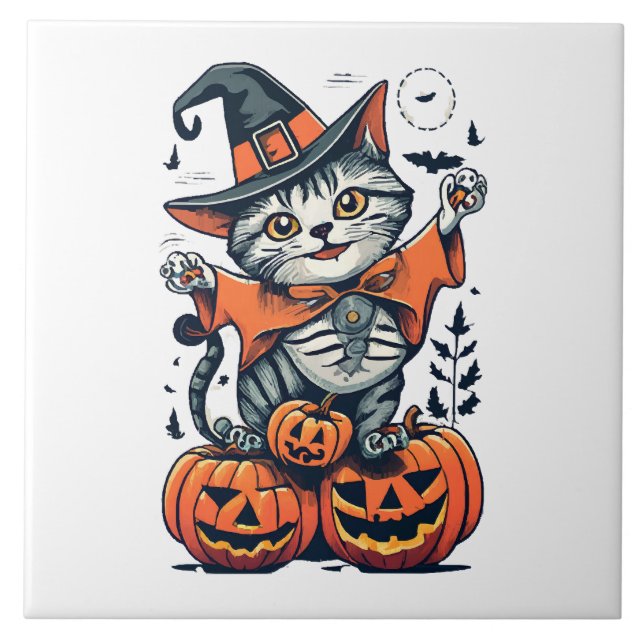 Happy Halloween Witch Cat Tile (Front)