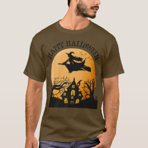 Happy Halloween Witch Flying Over a Haunted House T-Shirt