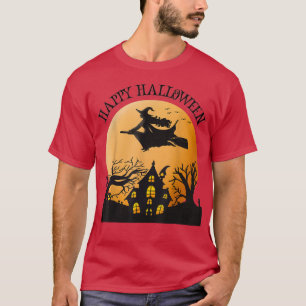 Happy Halloween Witch Flying Over a Haunted House  T-Shirt