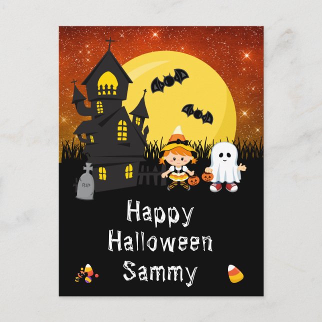 Happy Halloween Witch Ghost Orange Holiday Postcard (Front)