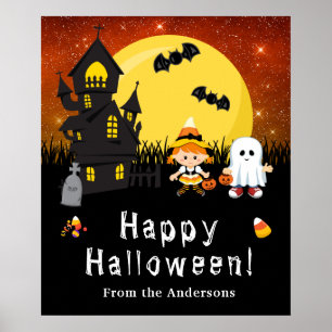 Happy Halloween Witch Ghost Orange Party Sign