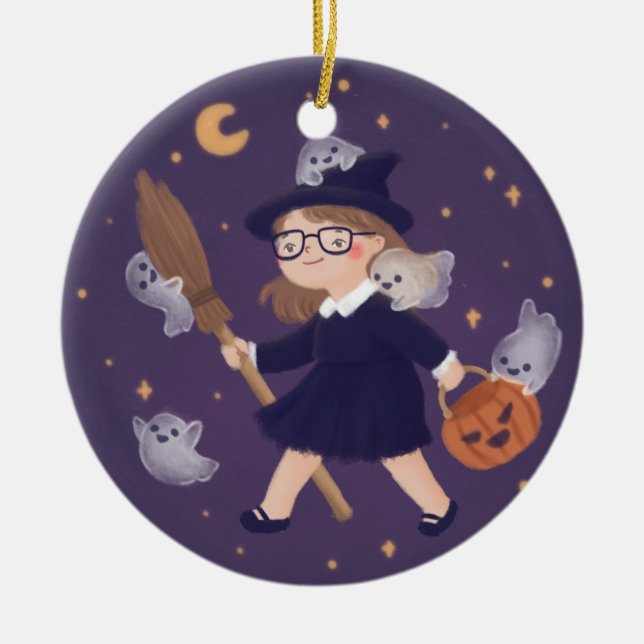 Happy Halloween Witch & Ghosts Ceramic Tree Decoration (Front)