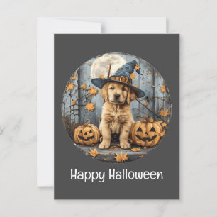 Happy Halloween Witch Golden Retriever Dog Pumpkin Postcard
