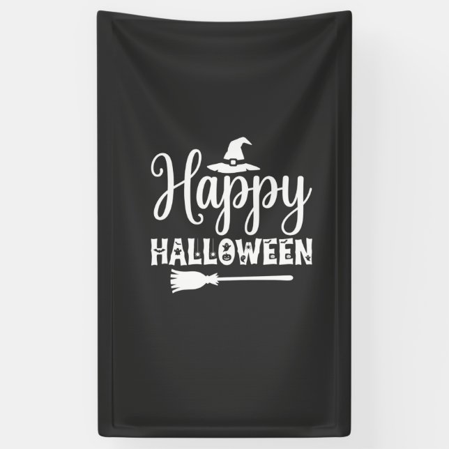 Happy Halloween Witch Hat Broom Design Banner (Vertical)